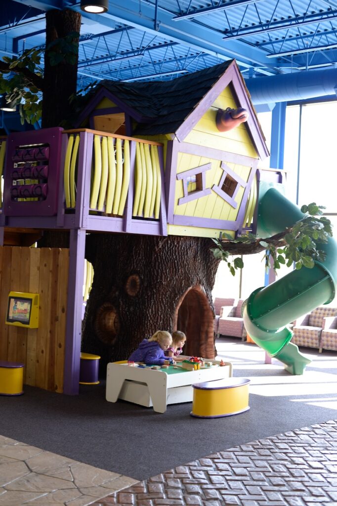 A view of the Newtown Dentistry reception area shows a treehouse, a slide, and two girls playing.